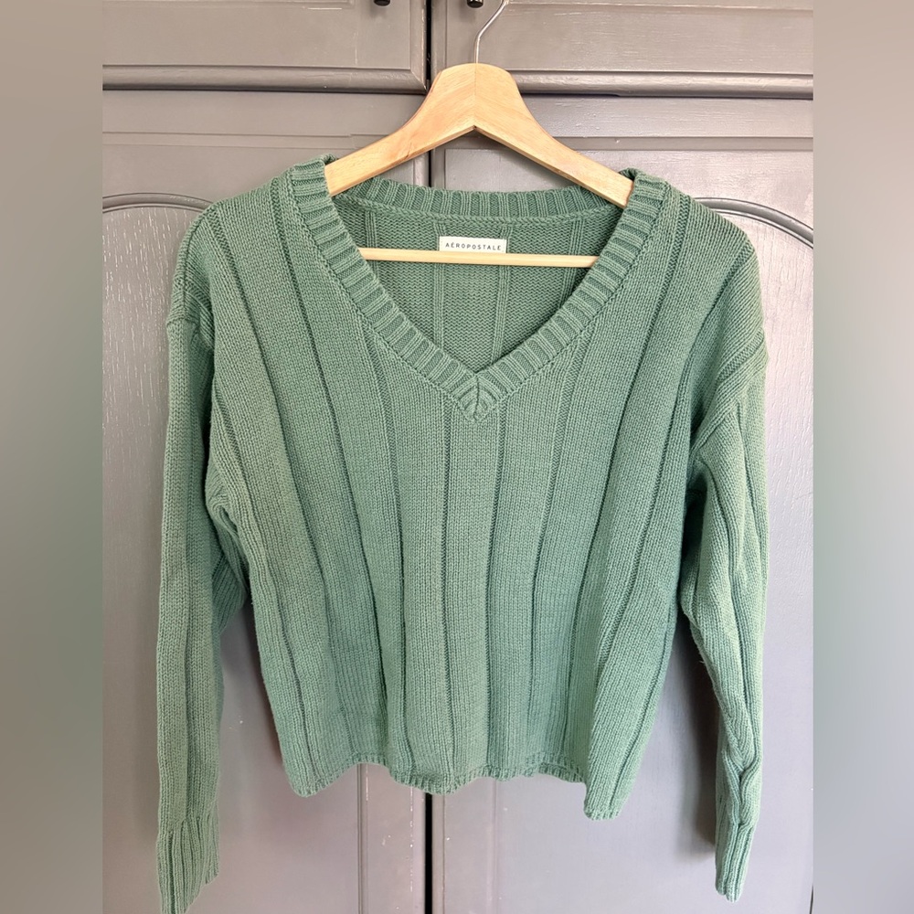 Aéropostale Ribbed V Neck Sweater Bundle XS/S Green & Cream Cropped Knit - Picture 4 of 8